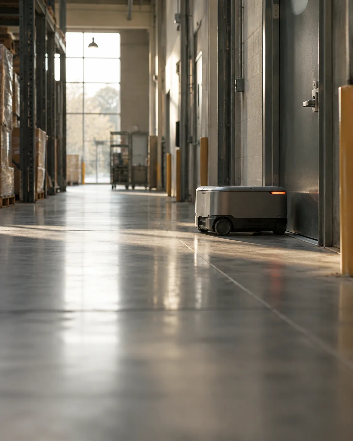 A small delivery robot waits at a closed door in a warehouse corridor