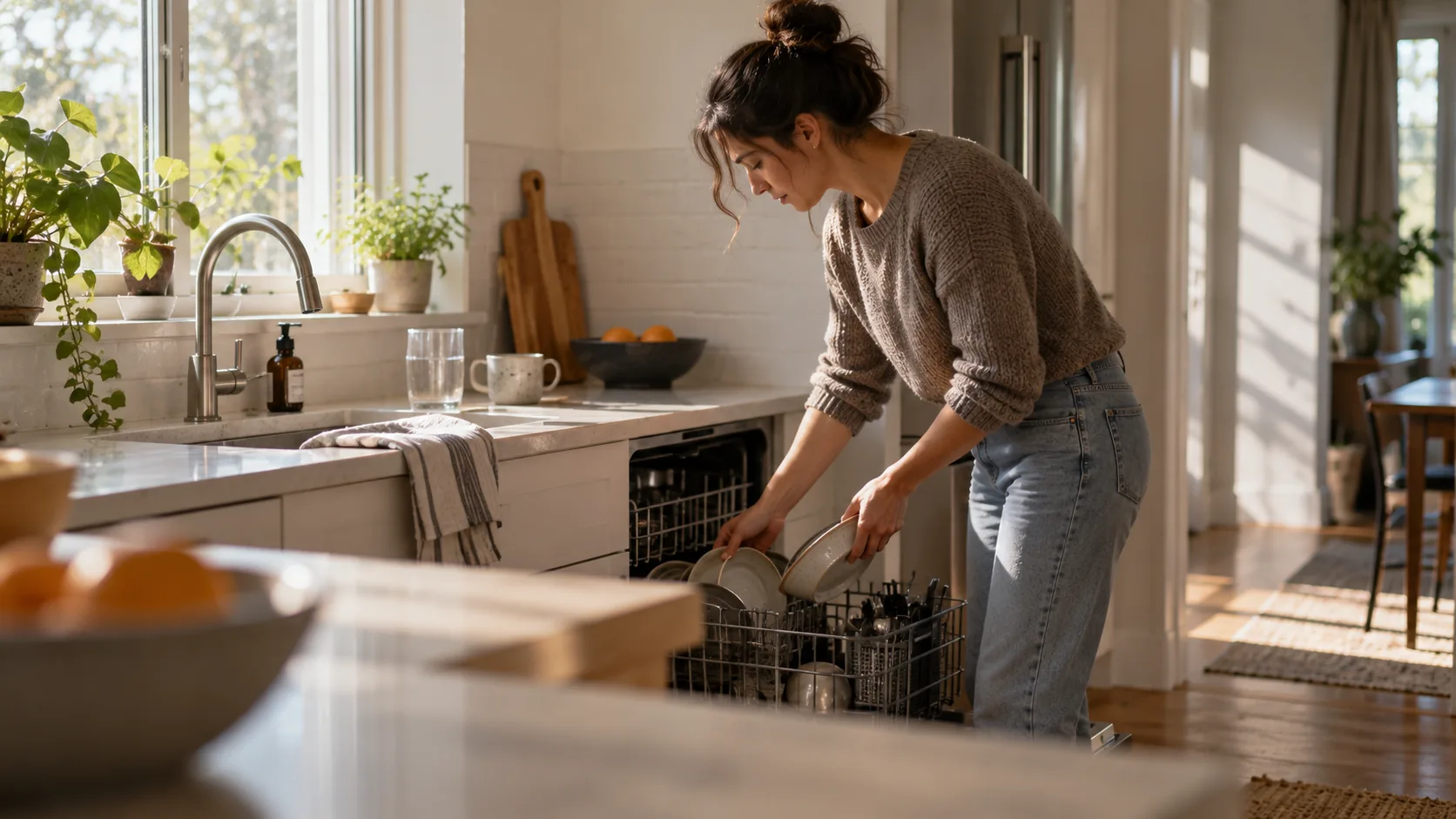 A woman loading a dishwasher in a bright kitchen