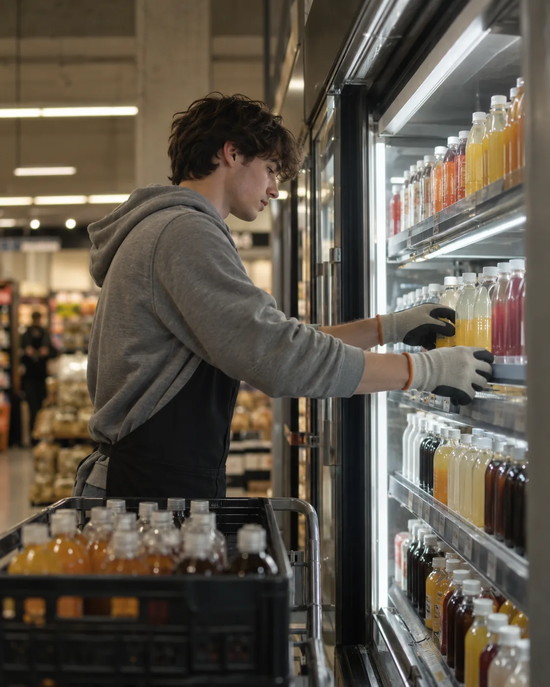 A worker restocks bottled drinks in a store cooler