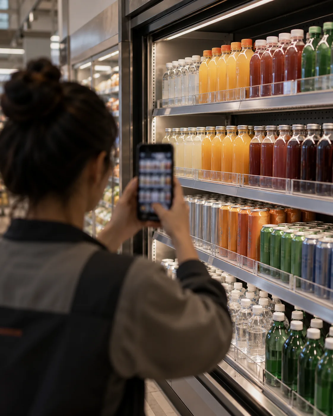 A woman photographs a restocked shelf with her phone