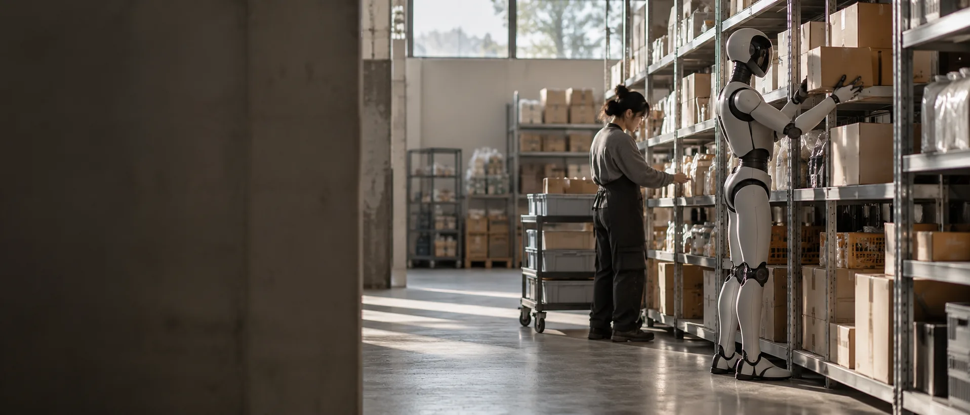 A worker and a humanoid robot stocking shelves side by side in a stockroom