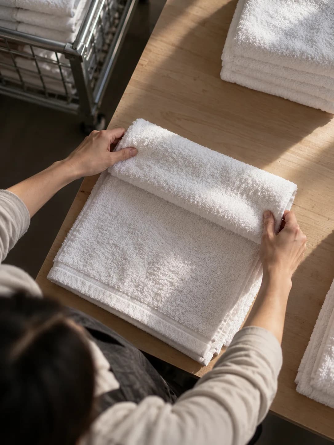 Hands folding a white towel on a wooden table