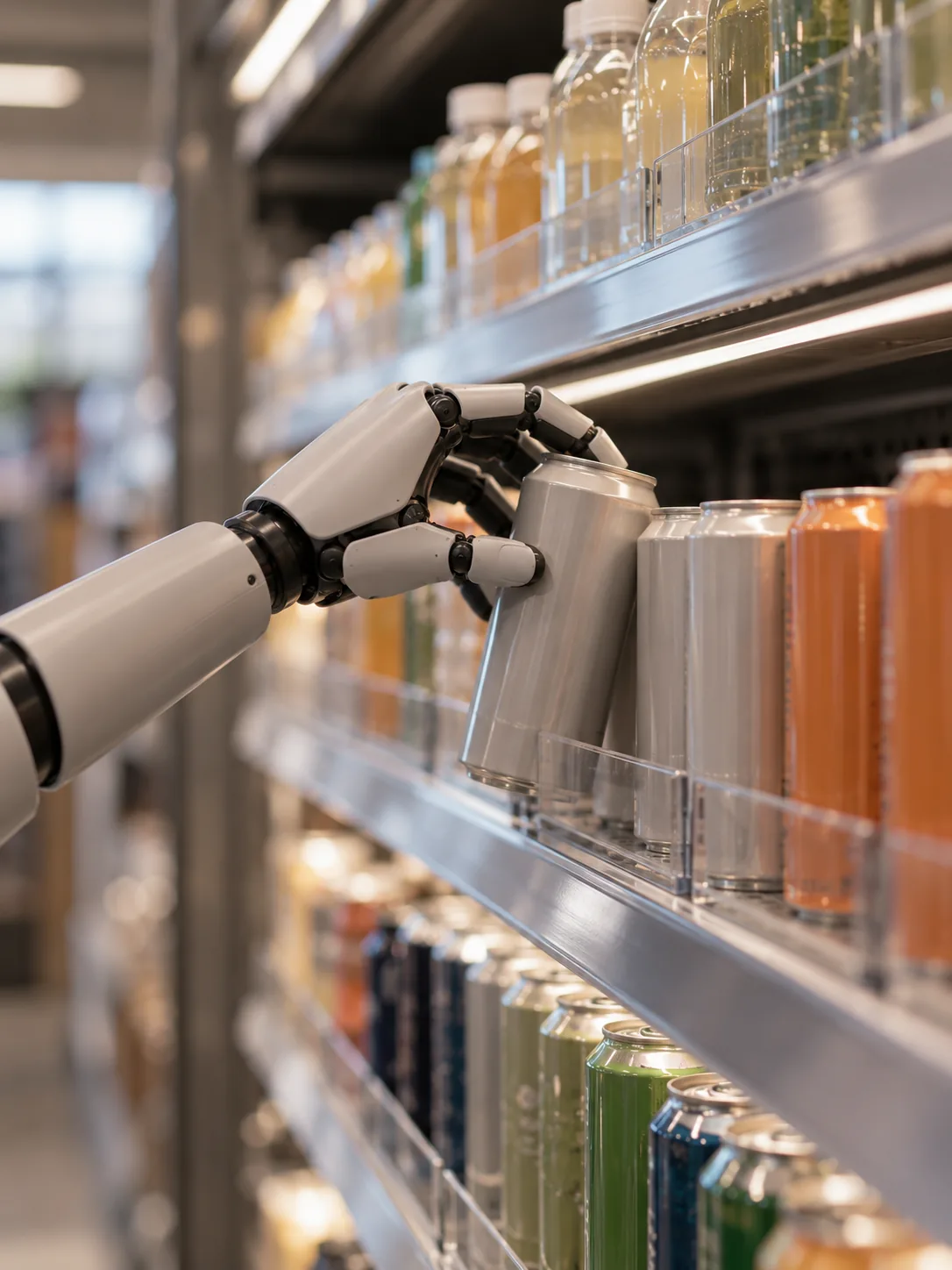 A robotic hand placing a can on a store shelf