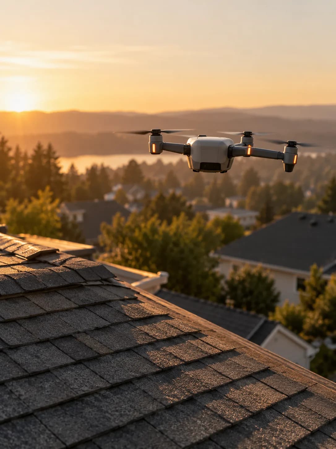 A drone hovering over a house roof at sunset