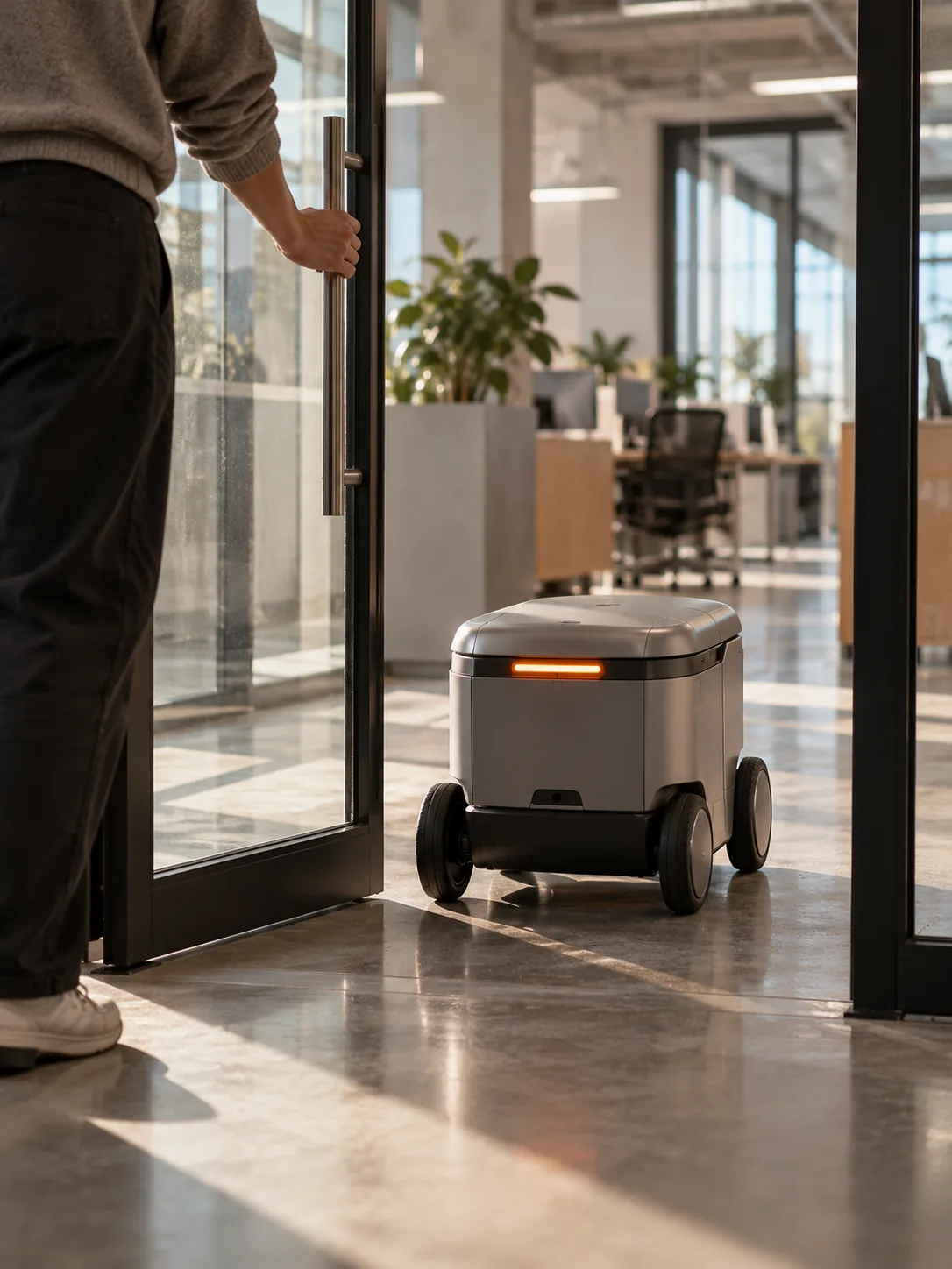A person holds a glass door open as a delivery robot rolls through