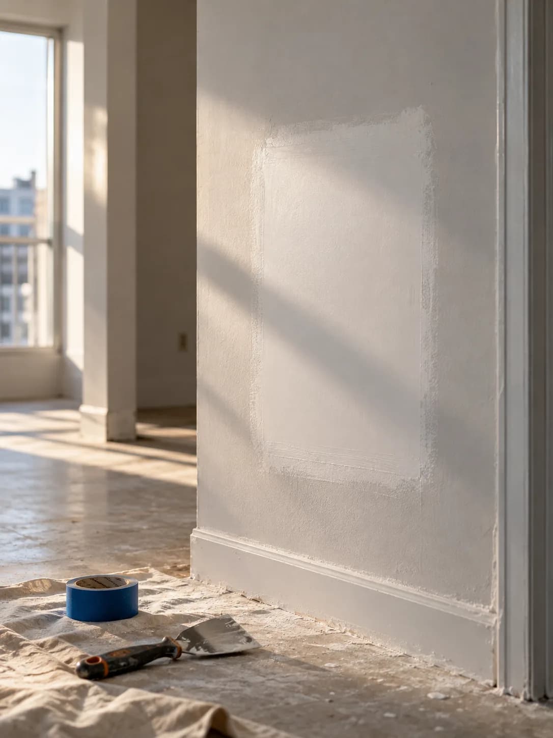 A freshly patched and painted wall in an empty room